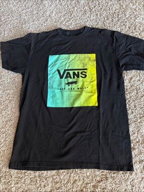 Vans Black Tee with Teal-to-Yellow Gradient Logo